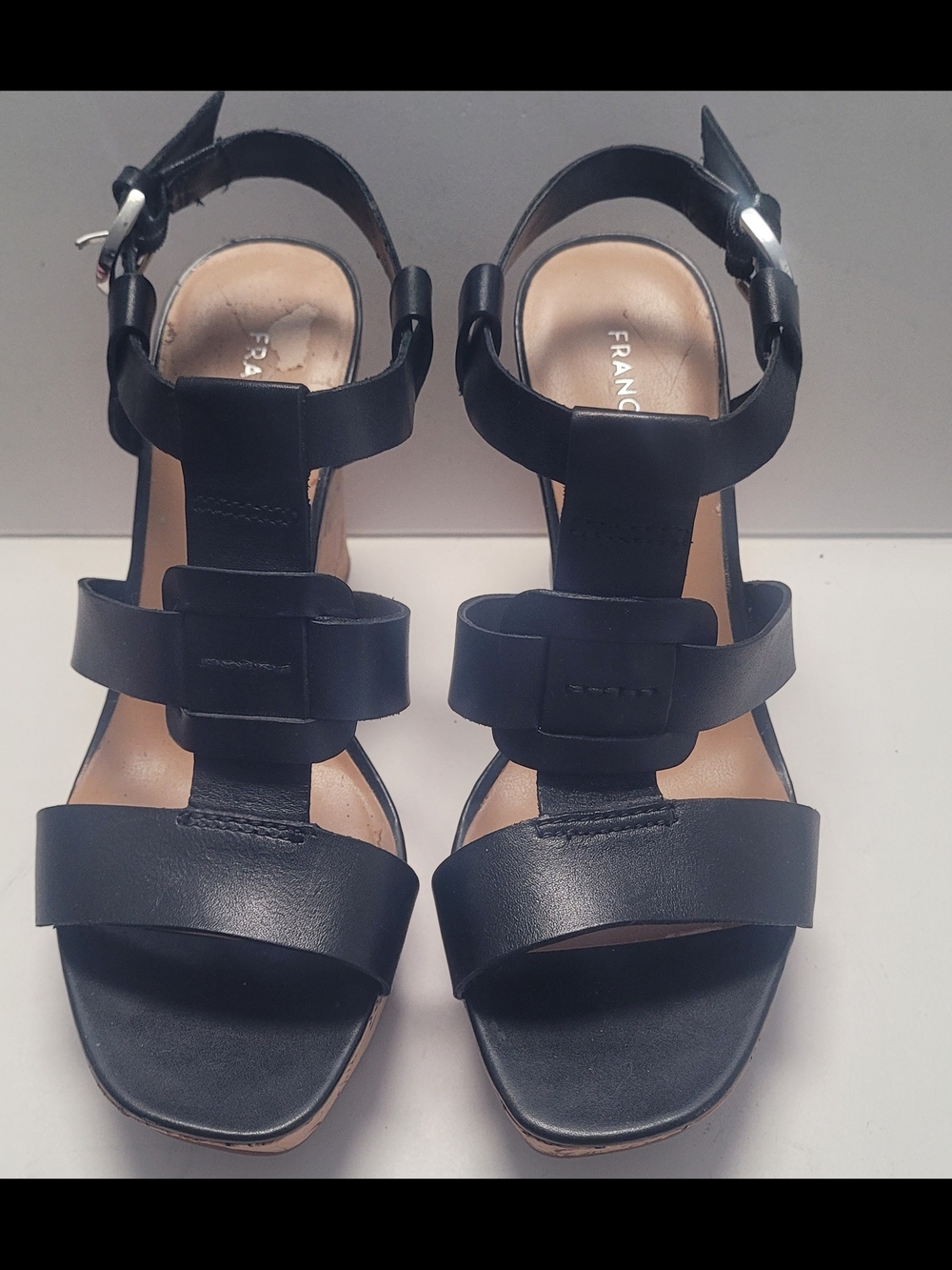 FRANCO SARTO Black Leather Strappy Block Heel Sandals